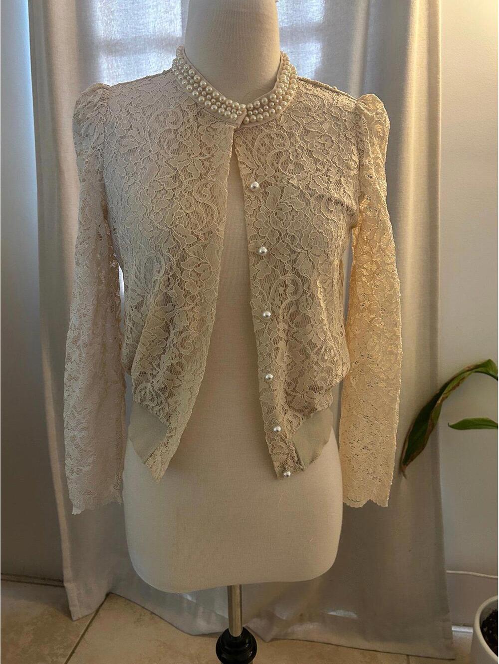 Sugar Lace Pearl Cardigan Cream Himekaji Coquette Cult Party Grail XS-S